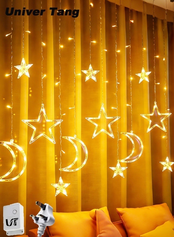 Univer Tang Star Moon Curtain Ramadan Lights for Bedroom Decor,3.5M Ramadan Decorations Light,Eid Moon Window String Lights,8 Flash Modes Led String Fairy Lights Stars Shaped And Moon Curtain Decorative Lights - Image 1